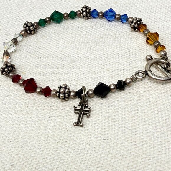 Sterling Silver Rainbow Crystal Cross Toggle Bracelet Religious Christian Marked - Picture 2 of 8